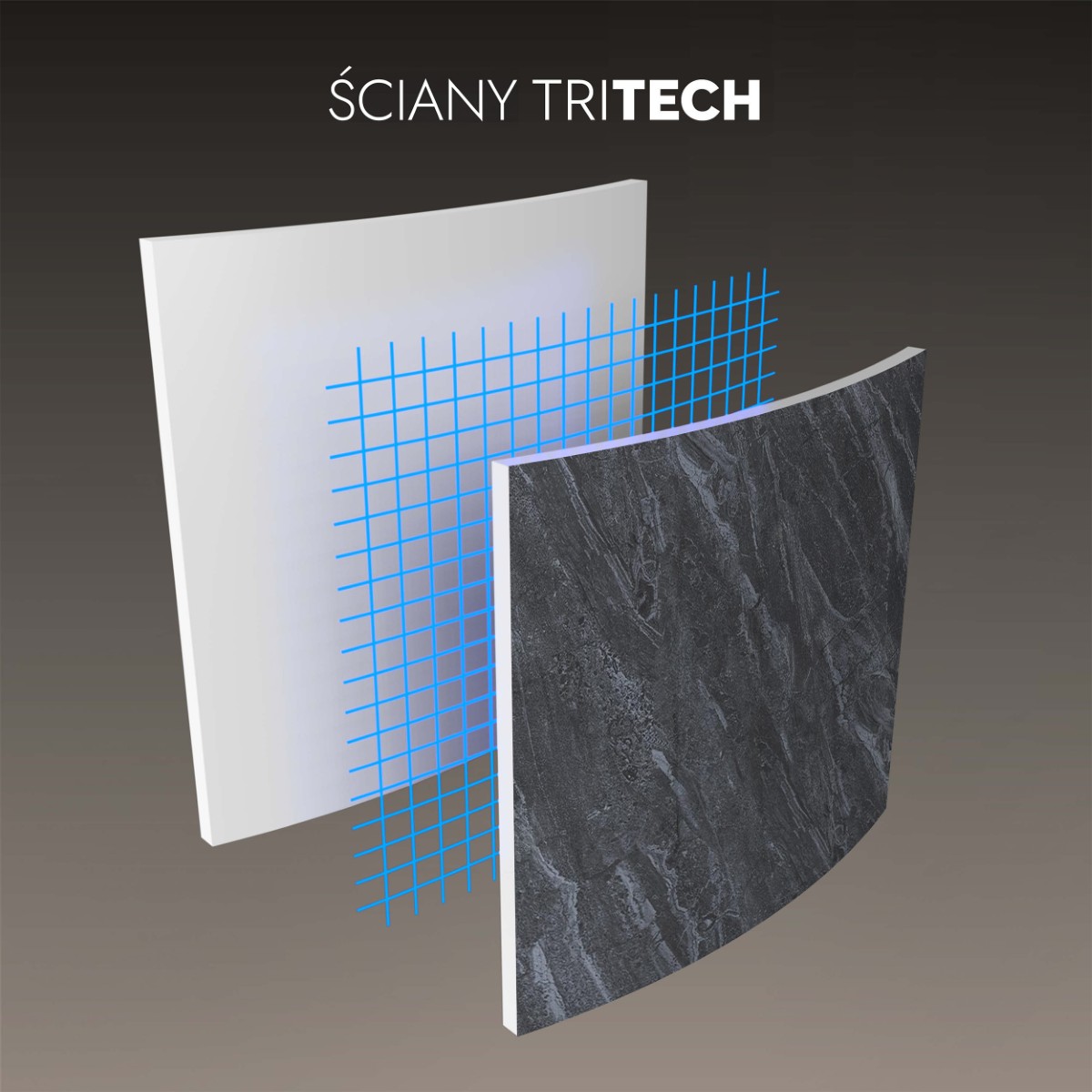 Trzy warstwy materiału: zewnętrzną z wzorem marmuru, środkową z niebieską siatką poliestrową oraz wewnętrzną, białą warstwę PVC.